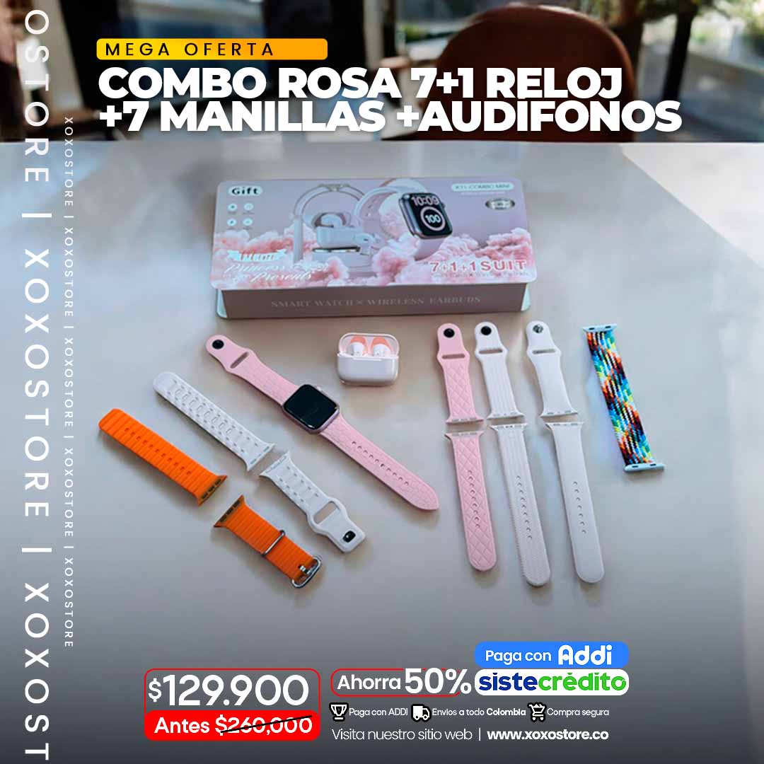 Combo rosa reloj + 7 manillas + audifonos