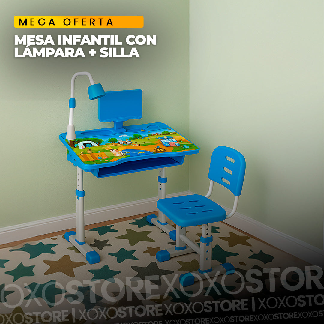 Mesa infantil con silla para estudio y lampara