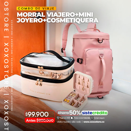 Combo viaje #2 morral de viaje+mini joyero+cosmetiquera hipermeable