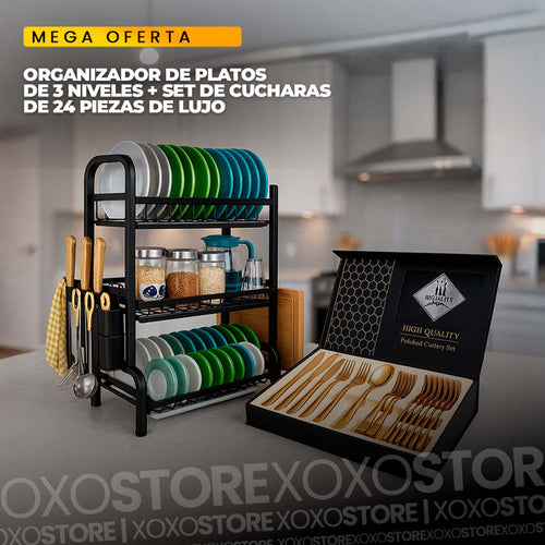 Organizador de y escurridor de platos de 3 niveles+ set de cubirtos de 24 piezas de lujo