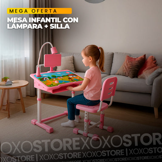 Mesa infantil con silla para estudio y lampara