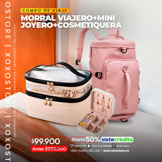 Combo viaje #2 morral de viaje+mini joyero+cosmetiquera hipermeable