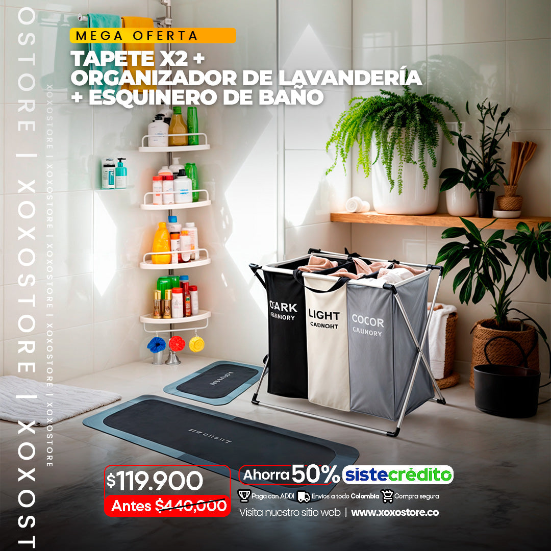 Combo 3 en 1 tapetes de baño + organizador de lavanderia+ estante esquinero de baño