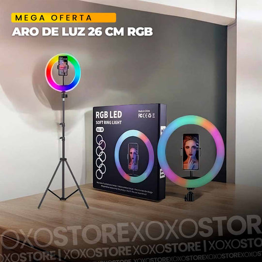ARO DE LUZ DE 26 CM MULTICOLOR + TRIPODE DE 2,10 MTS
