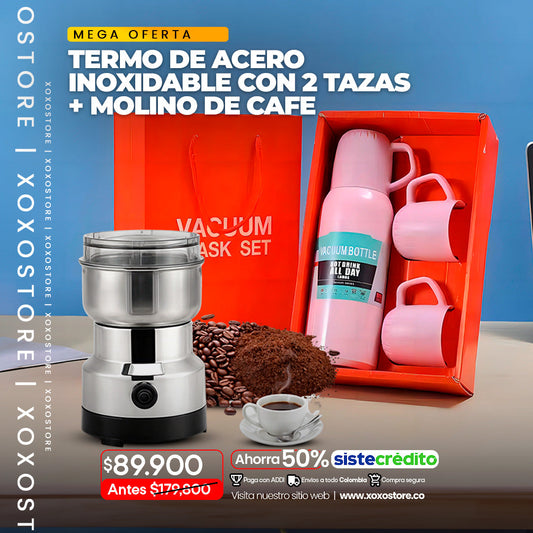 Termo con 2 tazas + Molinillo de cafe