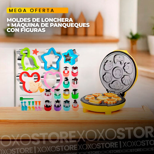 Maquina de hacer panqueques con figura + cortadores de lonchera por 16 piezas