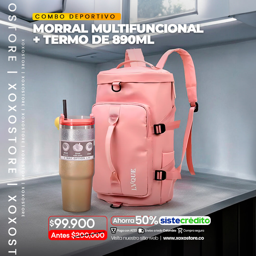 Combo deportivo morral multifuncional+termo viral 890 ml